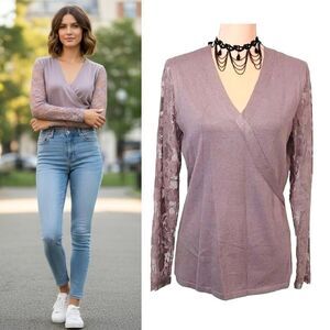 Questions Lavender Long Floral Lace Sleeves Tunic Blouse Medium NWOT